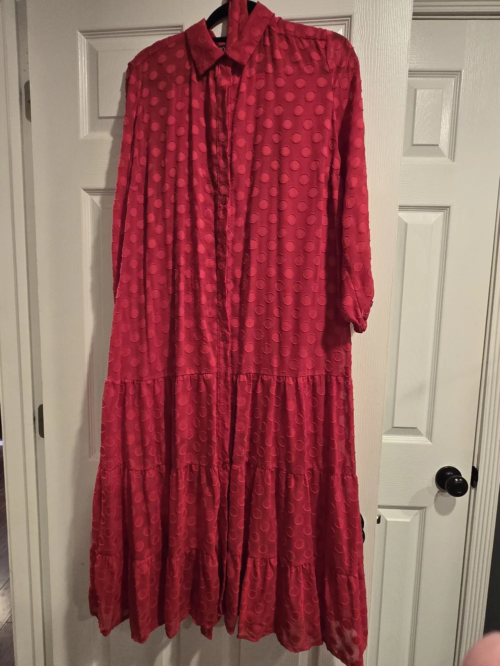 New York & Company Red Polka Dot Maxi Shirt Dress - Picture 3 of 4